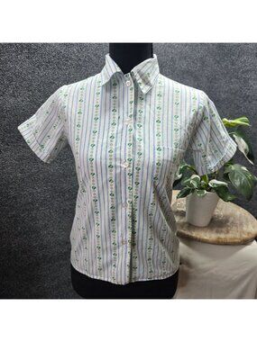 Vintage 80s Size 12 Girl Scouts Uniform Blouse Trefoil Stripe USA Short Sleeve
